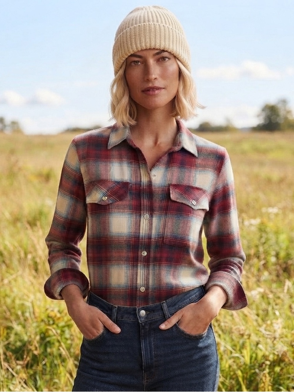 Pendleton + GAP Red, Navy and Cream Plaid Flannel Shirt